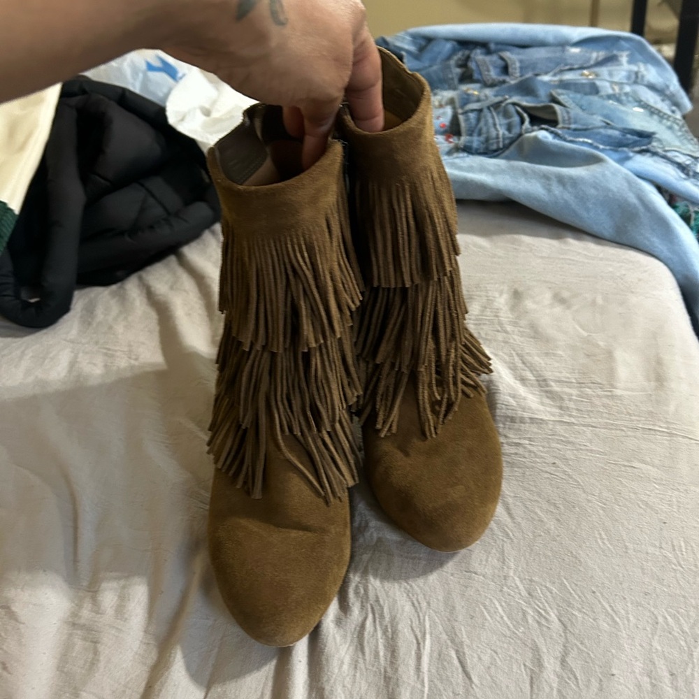Fringe Suede Ankle Boots - Brown